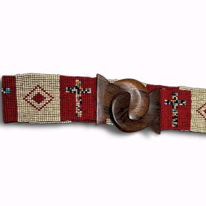 Vintage Native Style Beaded Belt Red Cream Wooden Buckle Boho Western